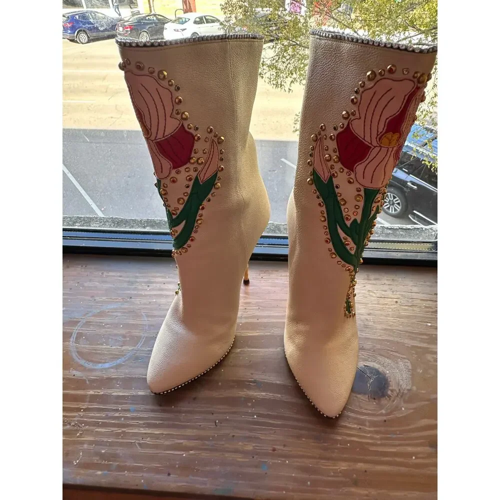GUCCI Ivory Leather Floral ‘Fosca’ 2017 Pink Bottom Runway Booties Size 37 - Picture 14 of 16